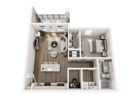 A top-down view of a small apartment with a kitchen, living room, and bathroom.